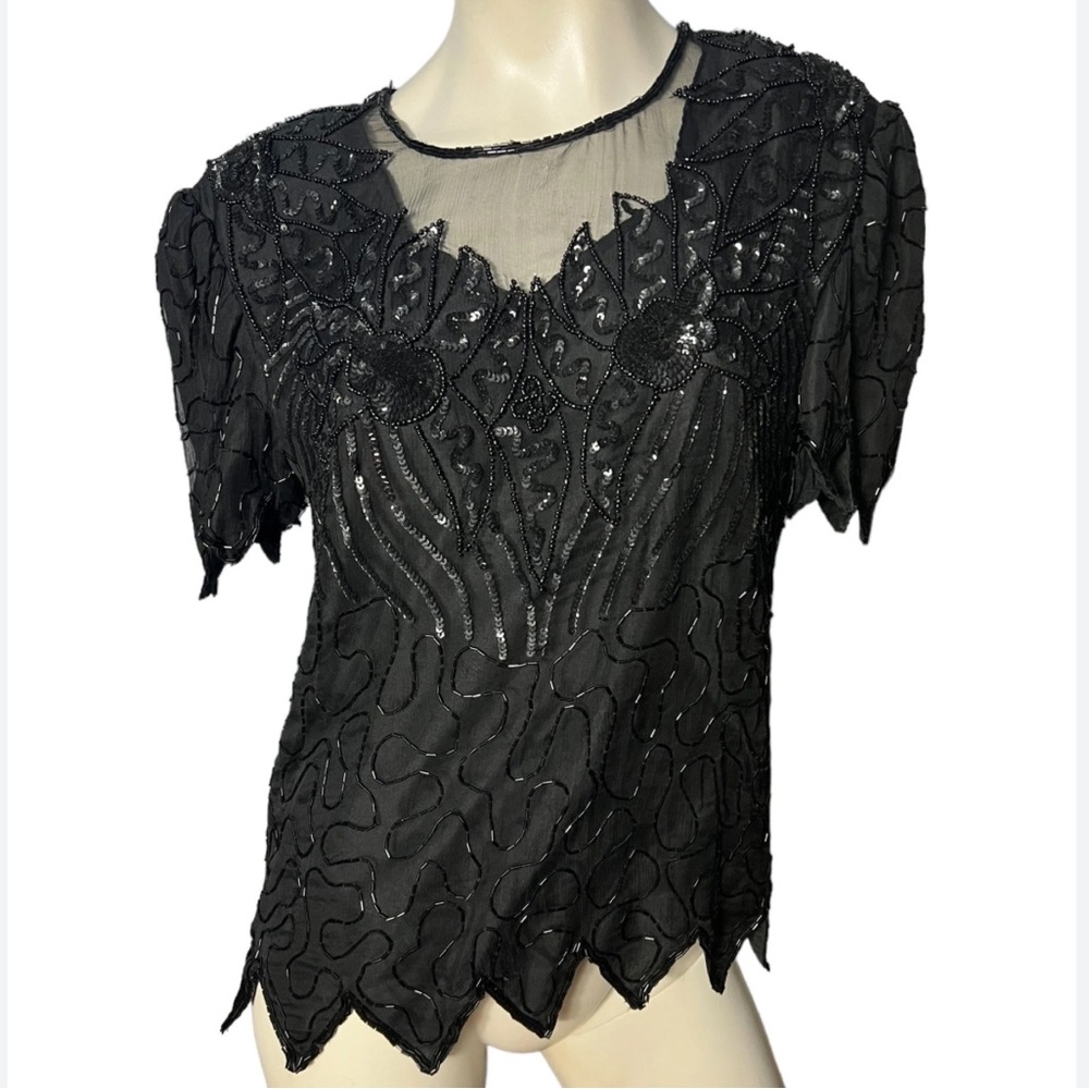 Laurence Kazar Black Sequin Floral Silk Short Sleeve Blouse Size Large